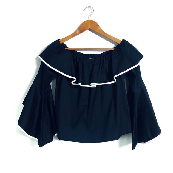ZARA Off the Shoulder Ruffle Black w/ White Piping Long Bell Sleeve Top - Picture 9 of 9
